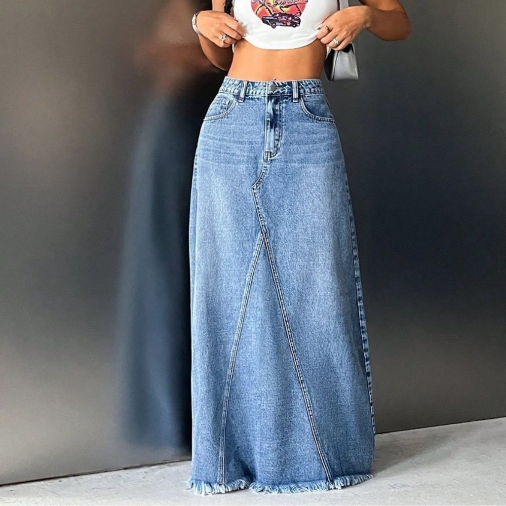 Boho Blue Denim High Waisted Maxi Skirt